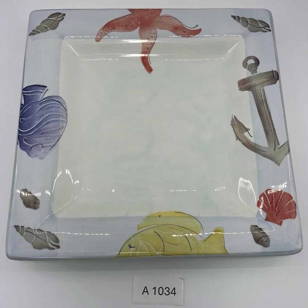 ARM Ceramica Italy Nautical Square Serving Plate Dish Fish Anchor Starfish Shell